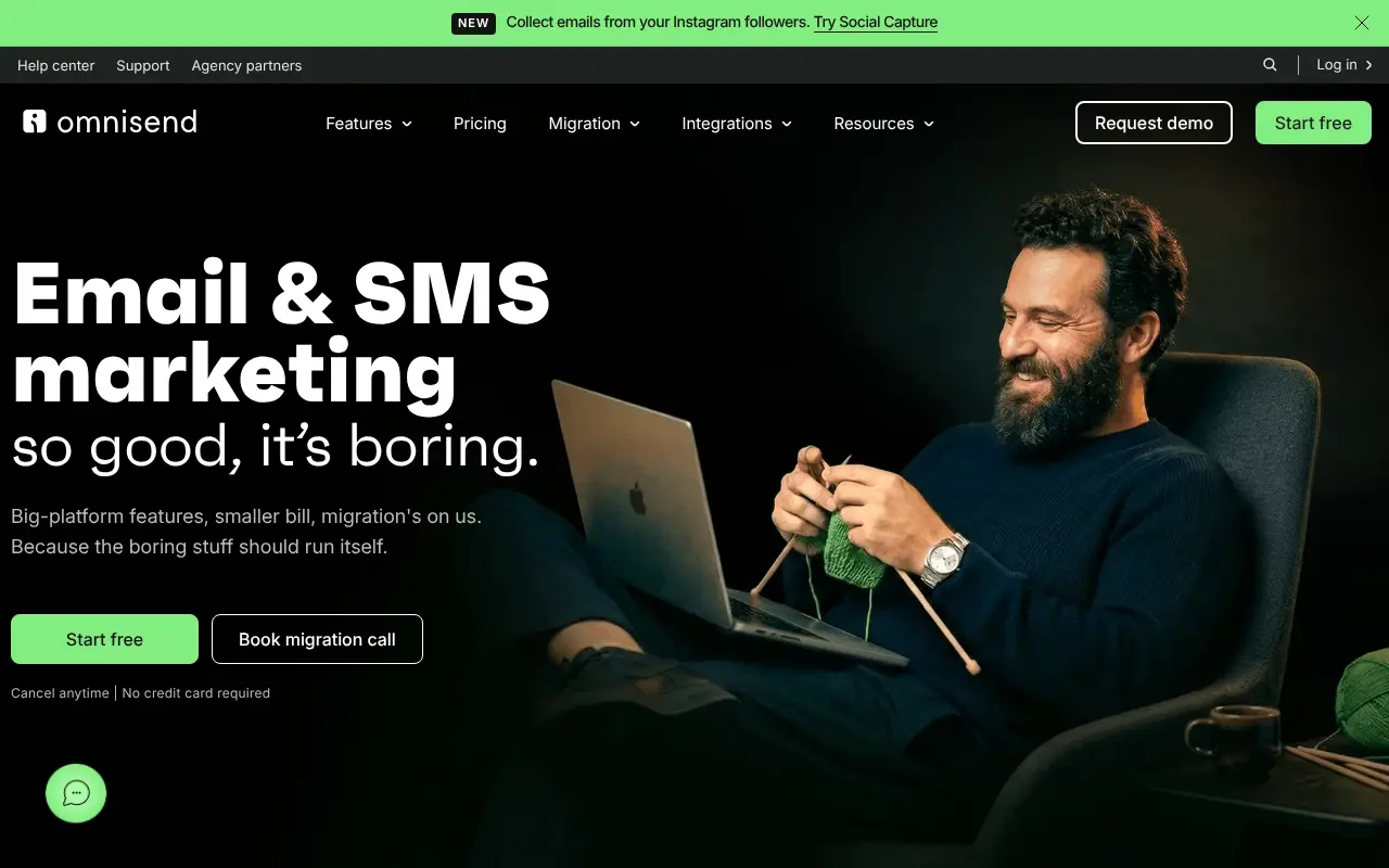 Omnisend homepage showing email and SMS marketing for ecommerce