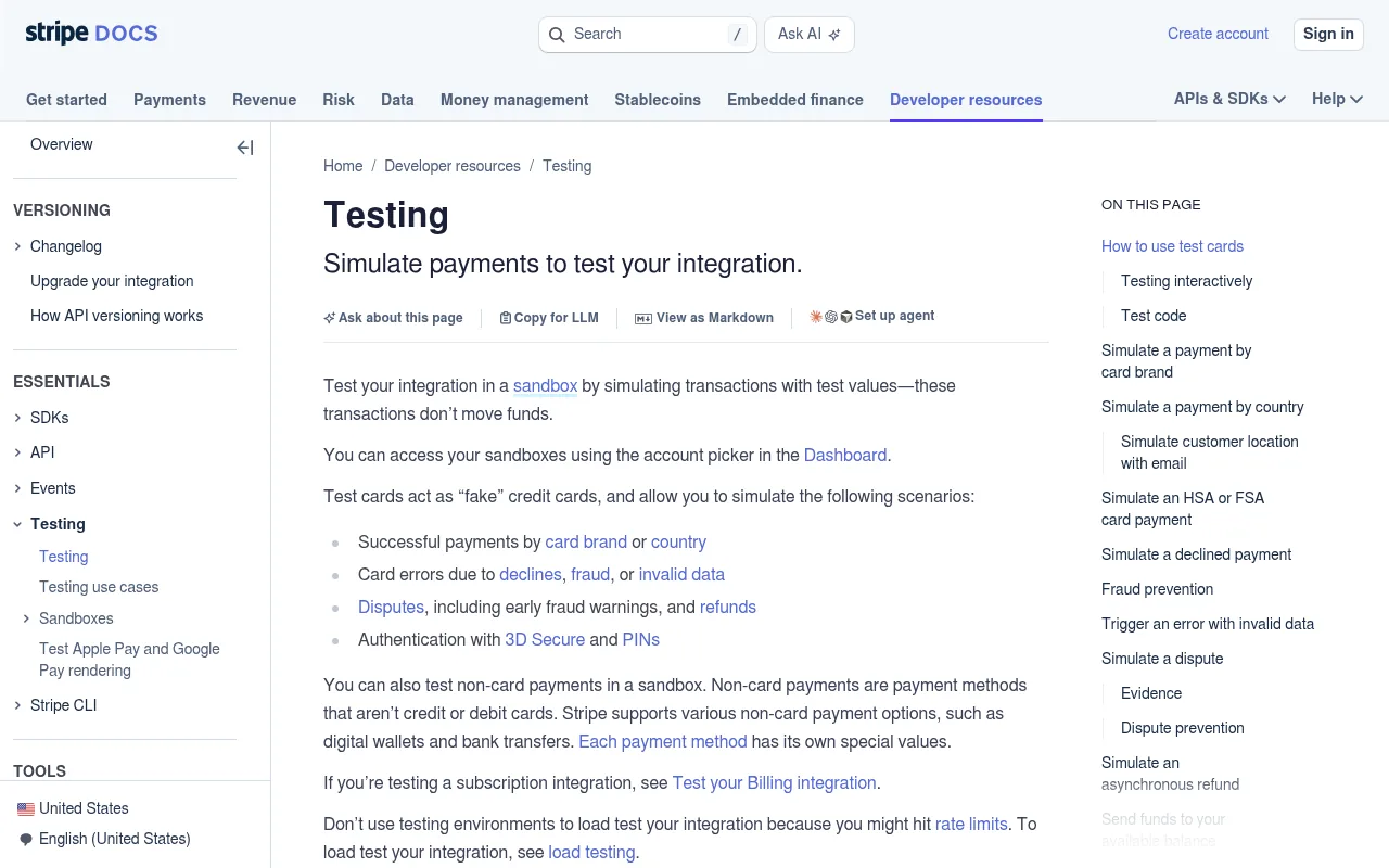 Stripe's testing documentation, with test cards for payments, declines and 3D Secure