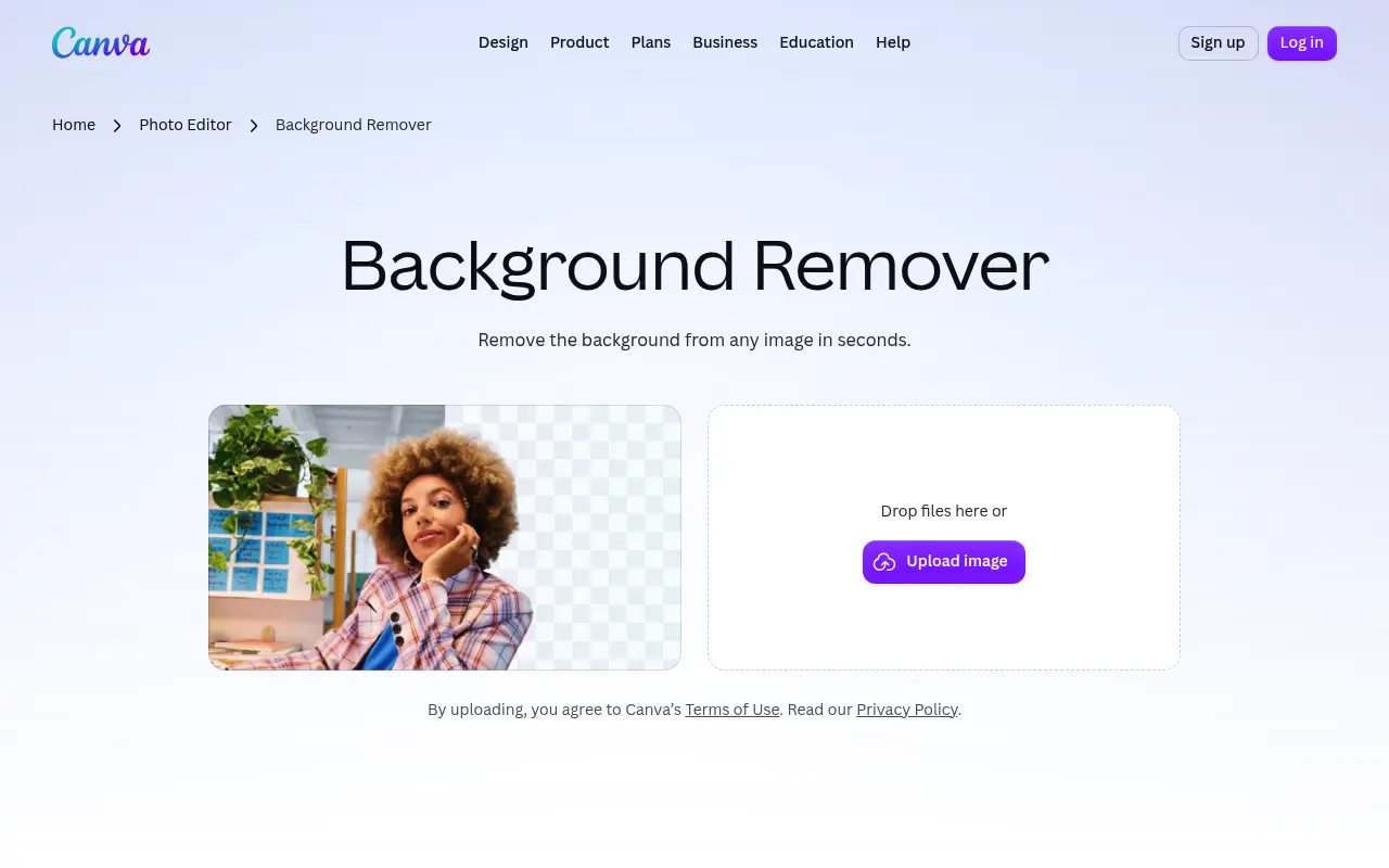 Canva background remover page with an upload box