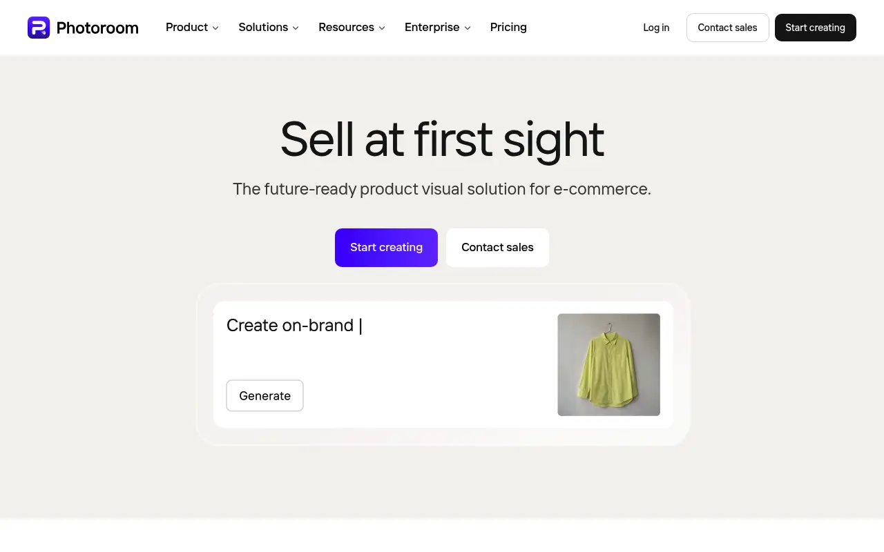 Photoroom homepage showing AI product photography for ecommerce