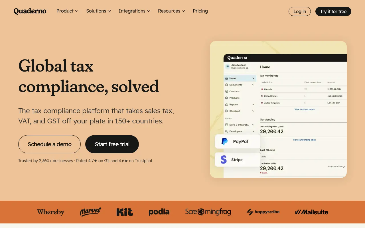 Quaderno homepage promoting global tax compliance for VAT, GST and sales tax