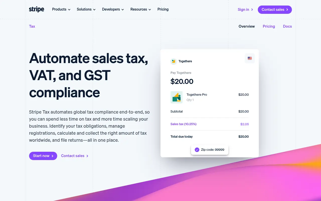 Stripe Tax homepage describing automated sales tax, VAT and GST compliance