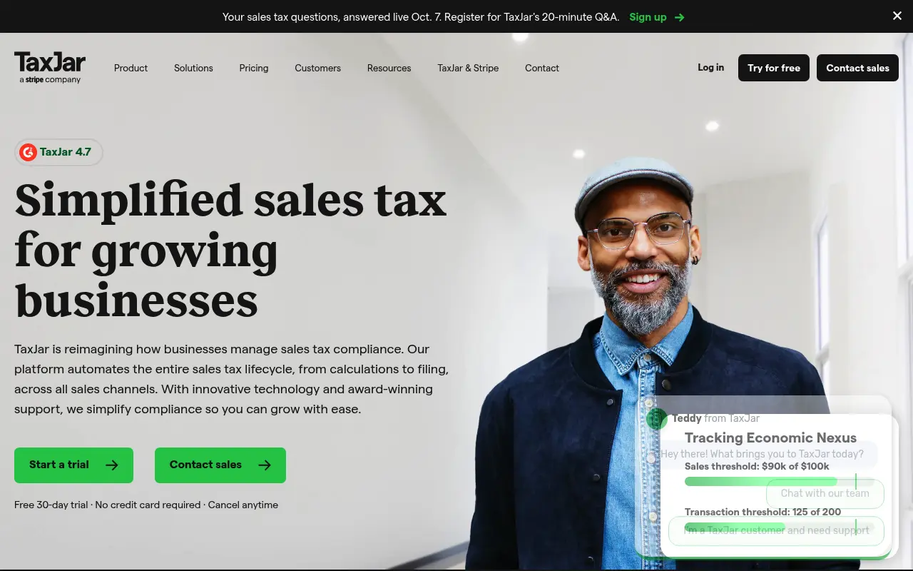 TaxJar homepage promoting simplified sales tax for growing businesses