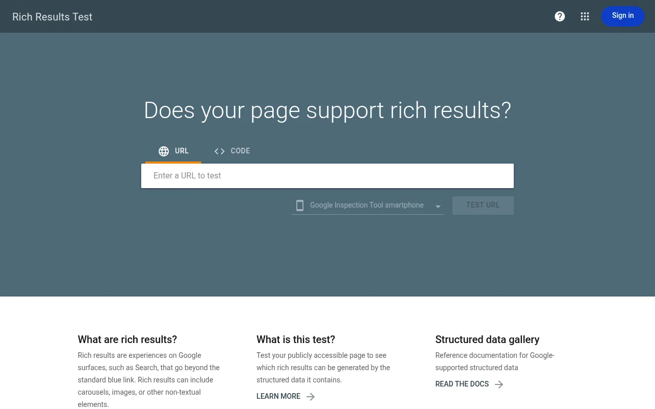 Google's Rich Results Test tool interface, showing the URL input field for testing structured data
