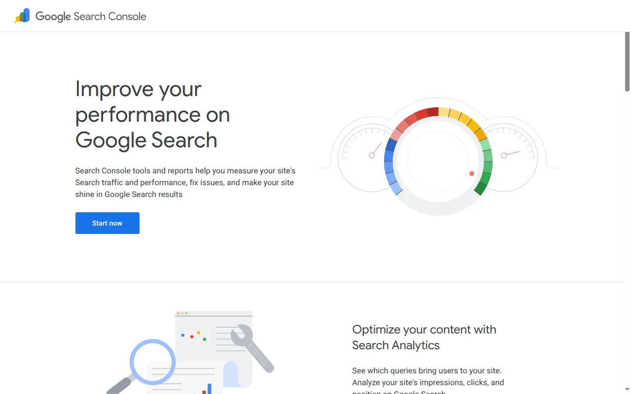 Google Search Console marketing page describing tools for measuring site performance and search traffic