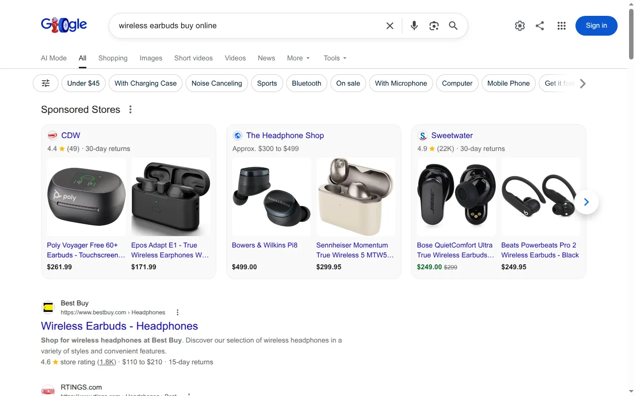 Google search results for "wireless earbuds buy online" showing shopping listings with prices, ratings, and sponsored product cards