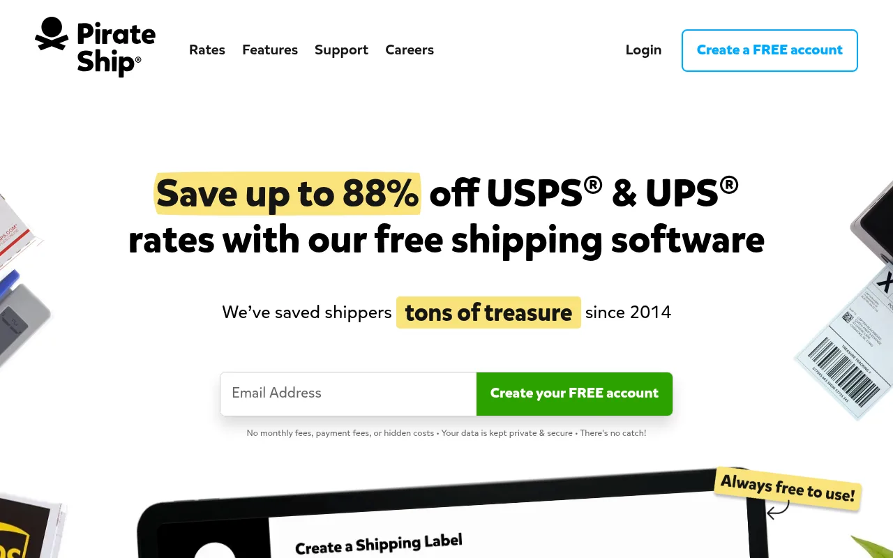 Pirate Ship homepage advertising discounted USPS and UPS shipping labels