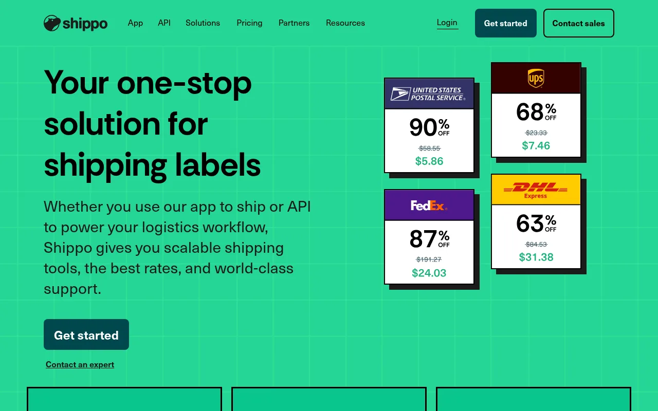 Shippo homepage showing discounted USPS, UPS, FedEx and DHL rates