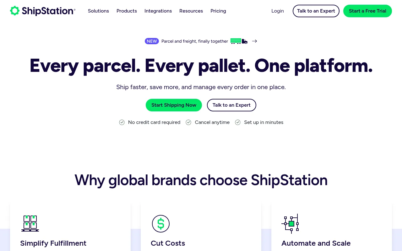 ShipStation homepage promoting one platform for parcel and pallet shipping