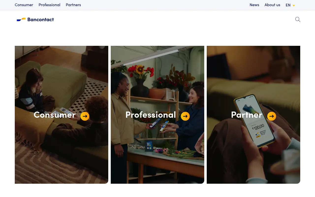 Bancontact homepage with consumer, professional and partner sections