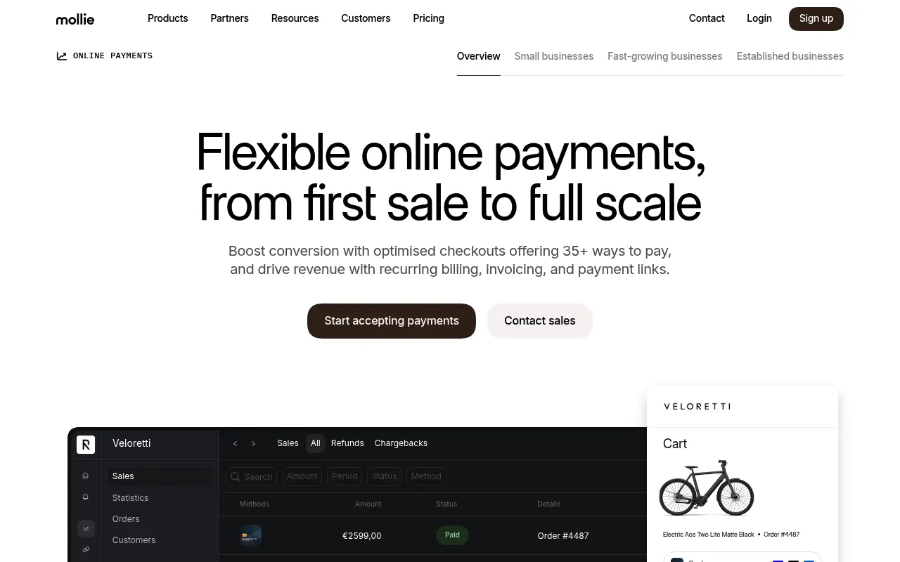 Mollie online payments page advertising multiple ways to pay in one checkout