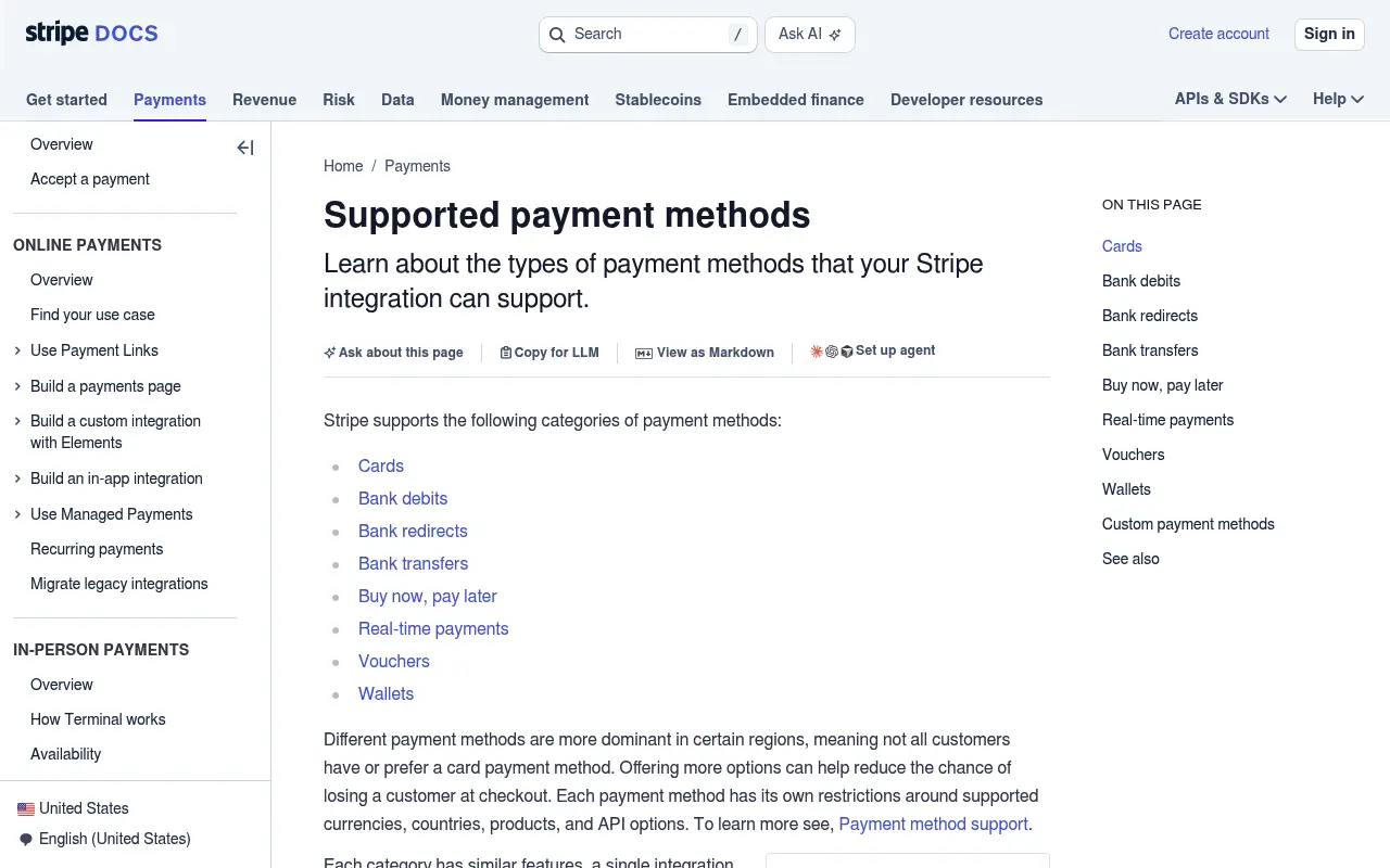 Stripe documentation page listing supported payment method categories