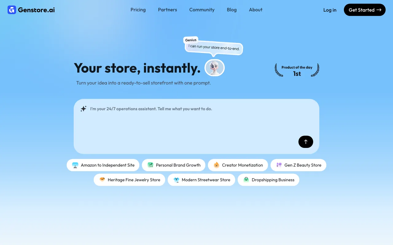 Genstore AI homepage showing the chat interface with the Genius agent and one-prompt store builder