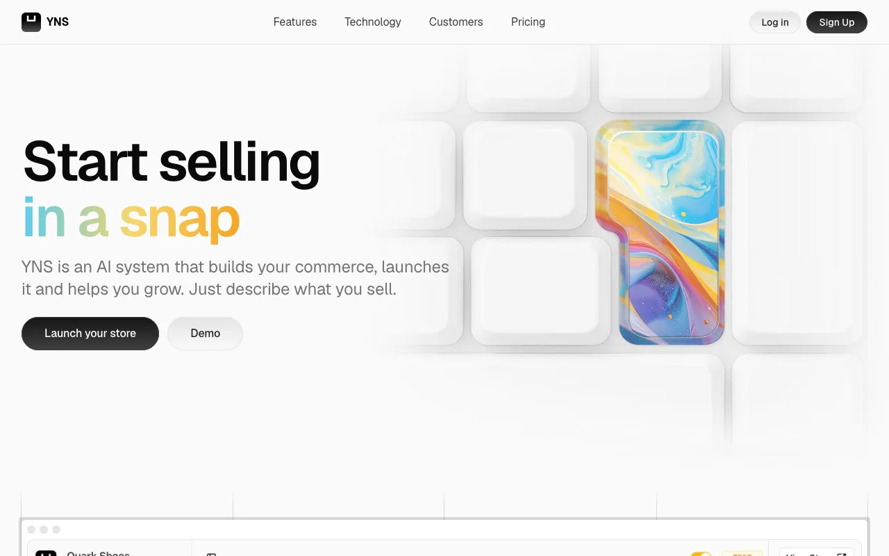 Your Next Store homepage showing AI-powered ecommerce platform