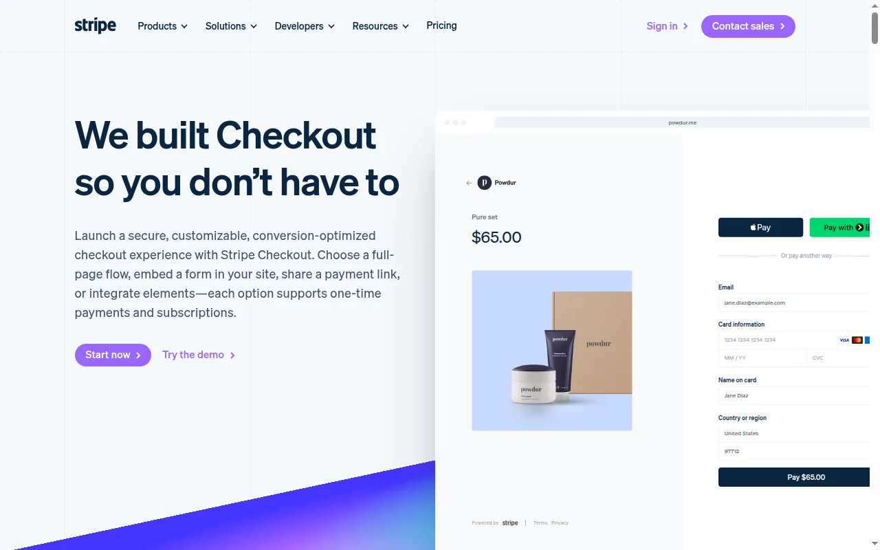 Stripe Checkout, a hosted payment page a headless storefront redirects to