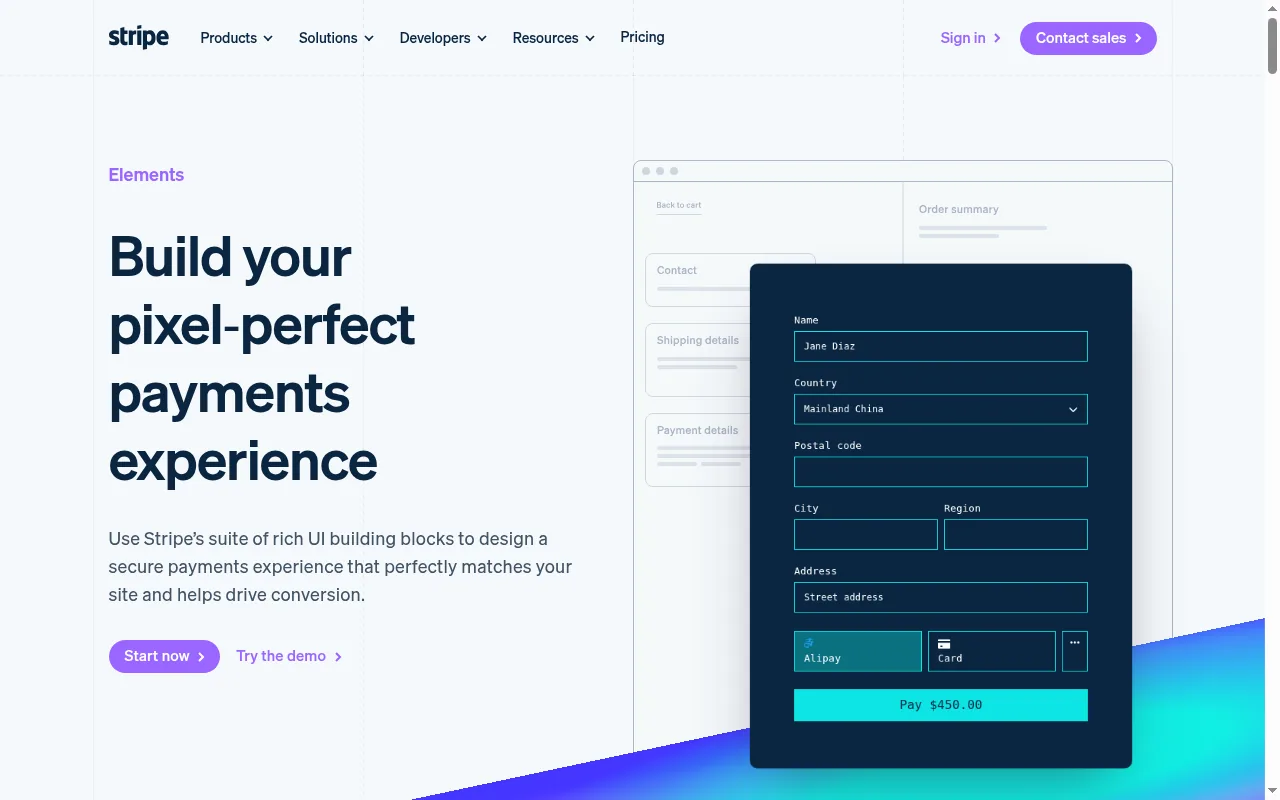 Stripe Elements building blocks used to assemble a fully custom checkout UI