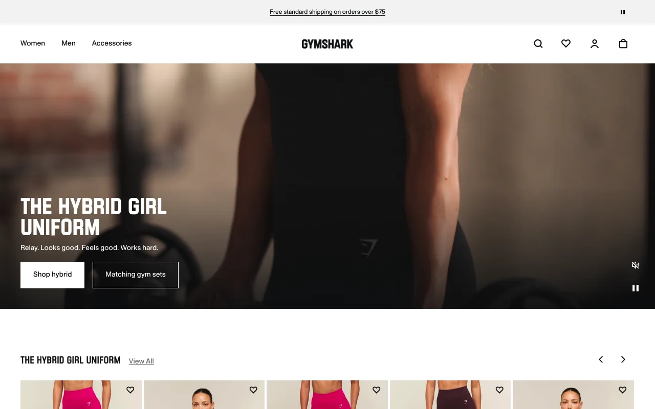 Gymshark's homepage featuring athlete-led hero content and a community-driven product story rather than a traditional studio catalog shoot