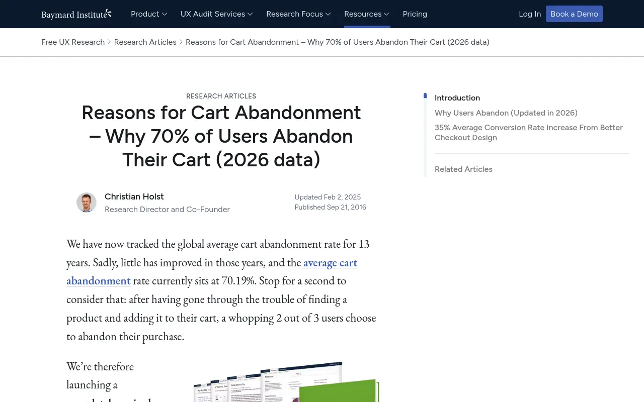 Baymard Institute article on reasons for cart abandonment and checkout usability