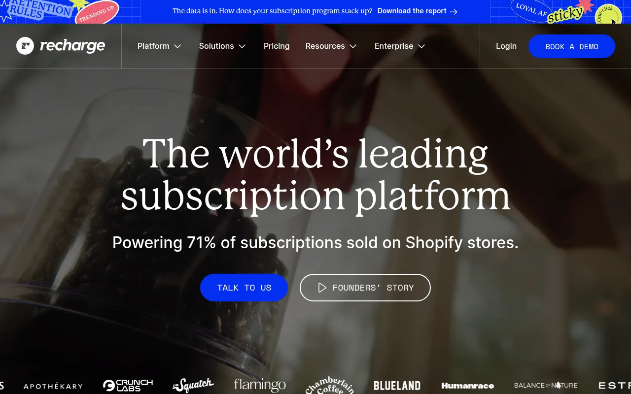 Recharge homepage describing the leading subscription platform for Shopify stores