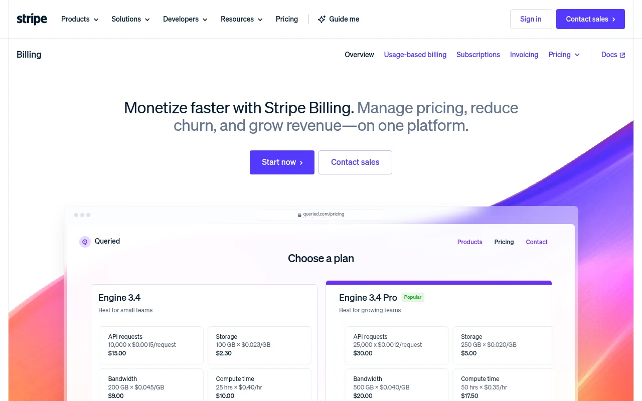 Stripe Billing landing page promising to monetize faster, manage pricing and reduce churn