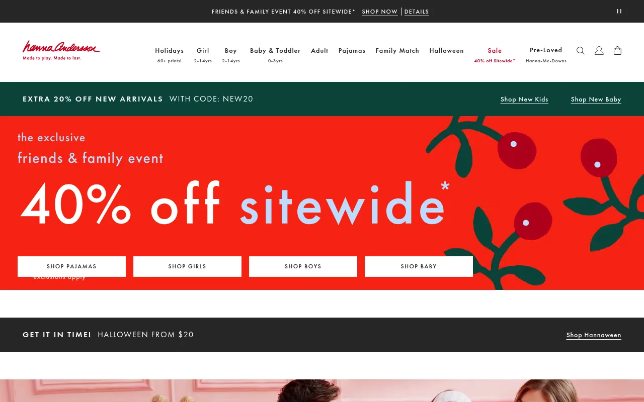 Hanna Andersson homepage with the "Made to play. Made to last." tagline and family-matching pajamas