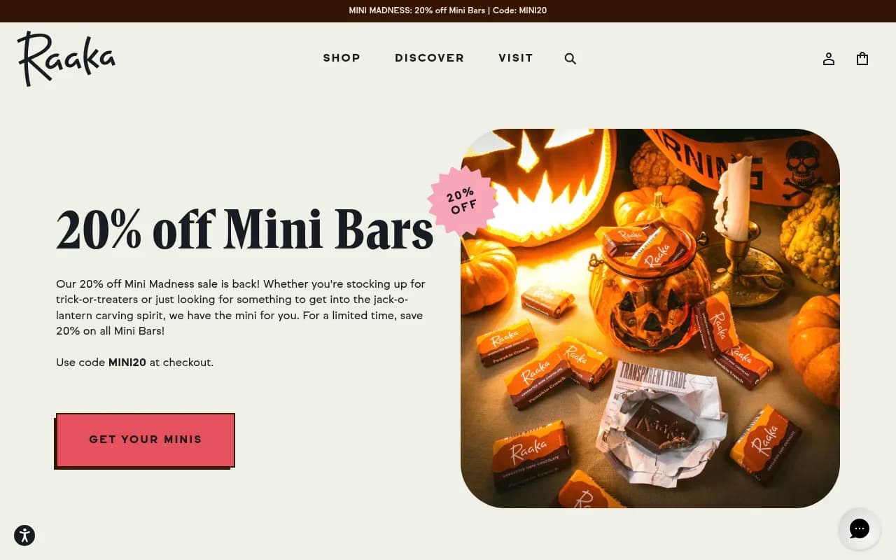 Raaka Chocolate homepage with a seasonal mini bars promotion and playful brand styling