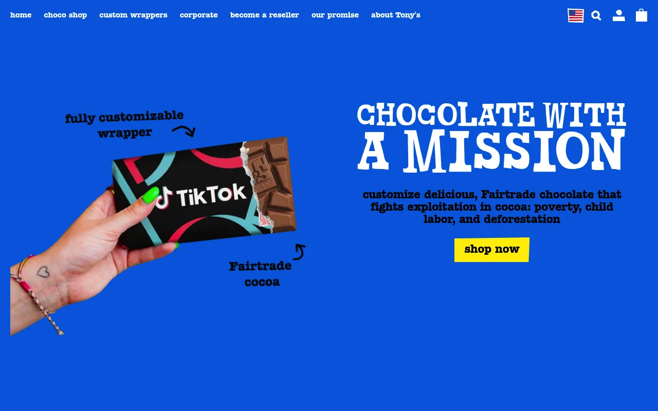 Tony's Chocolonely homepage reading "Chocolate with a mission" next to a customizable wrapper