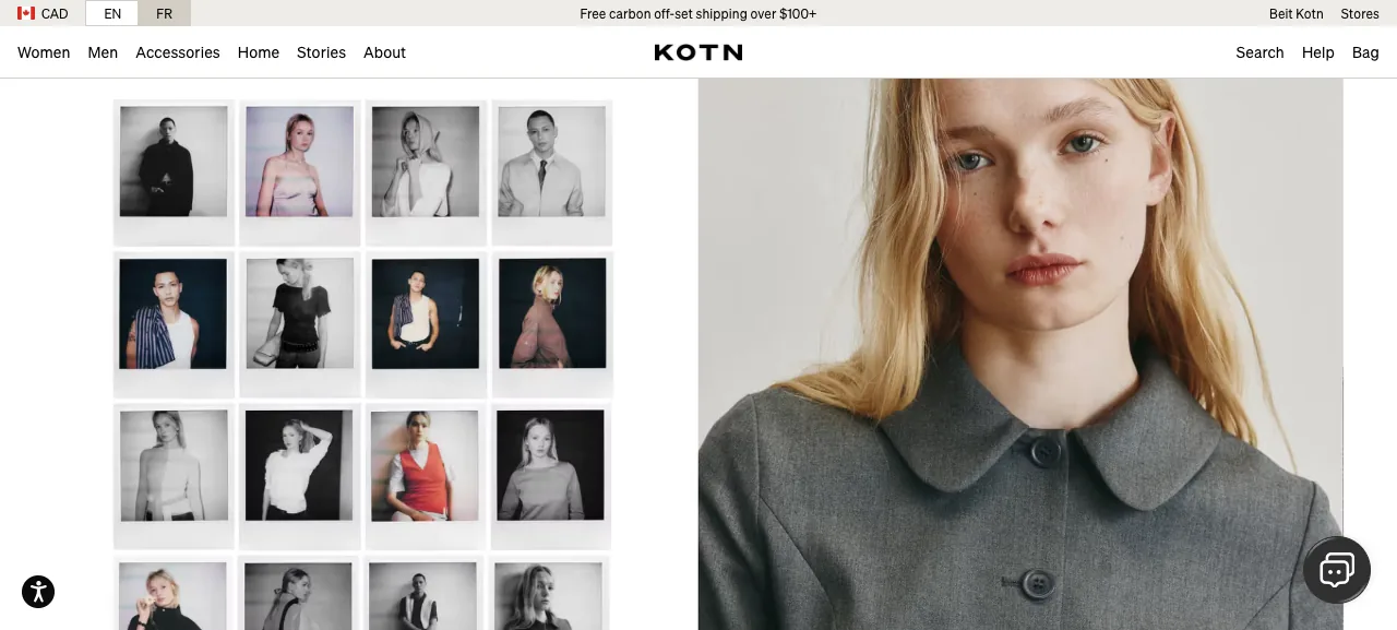 KOTN homepage showing a simple, well-made cotton clothing brand