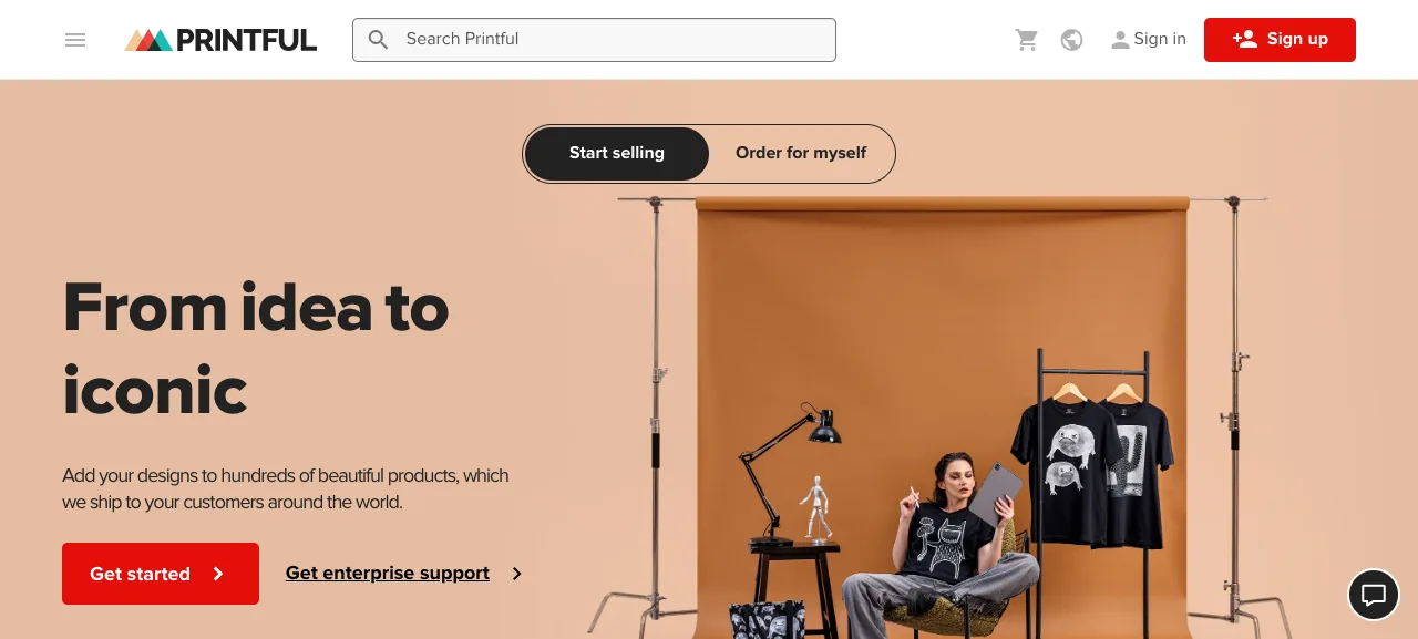 Printful homepage, a print on demand company that prints and ships your designs