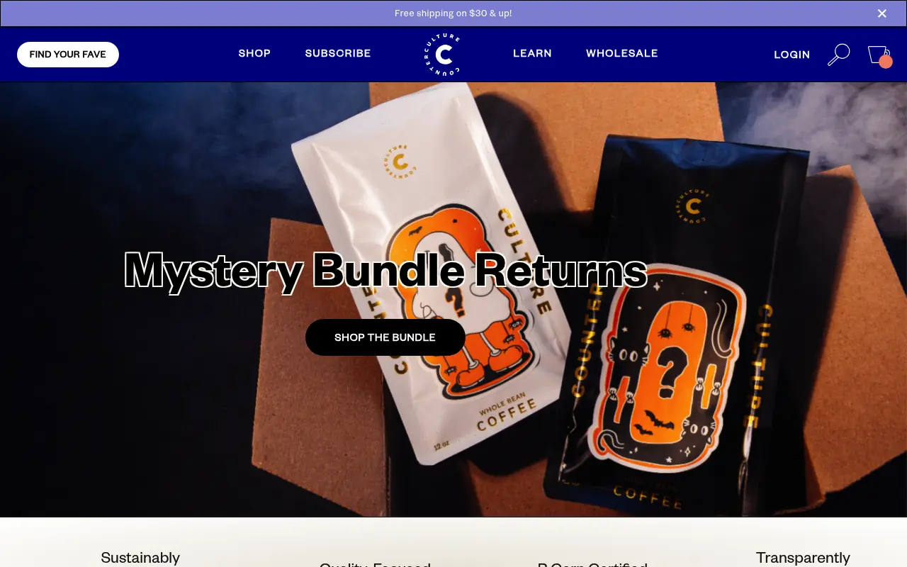 Counter Culture Coffee homepage showing a bundle of coffee bags and a free shipping banner