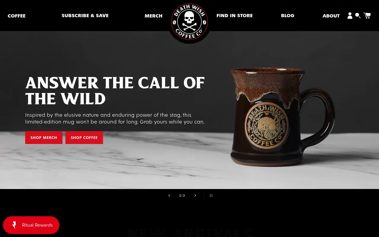 Death Wish Coffee homepage featuring a limited-edition mug and a bold skull logo
