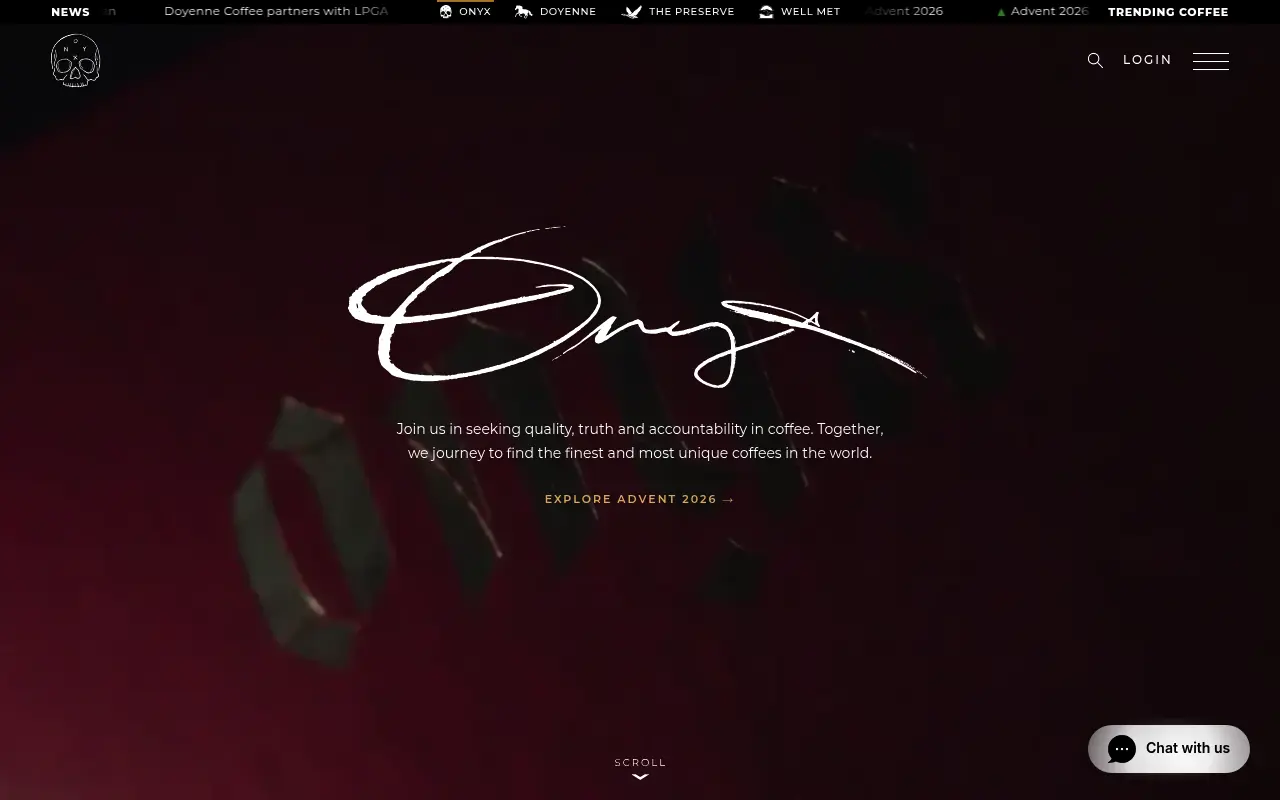 Onyx Coffee Lab homepage with dark, design-driven branding
