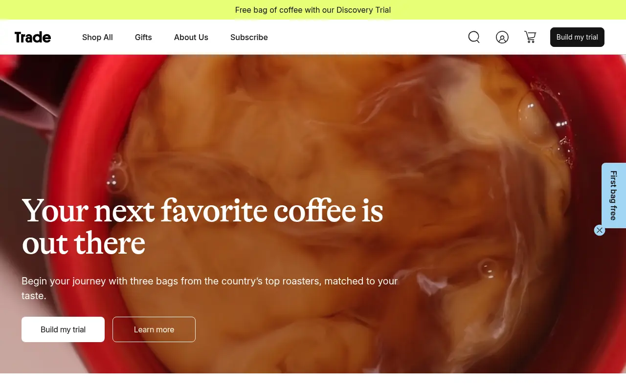 Trade Coffee homepage promoting a three-bag discovery trial