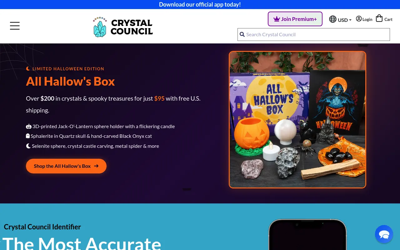 Crystal Council homepage promoting a limited Halloween crystal box