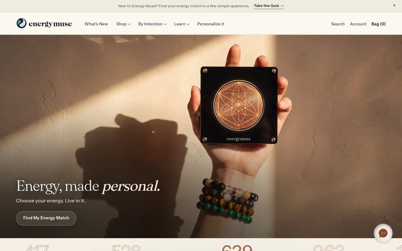 Energy Muse homepage with a hand holding an engraved copper energy tool and a matching quiz banner