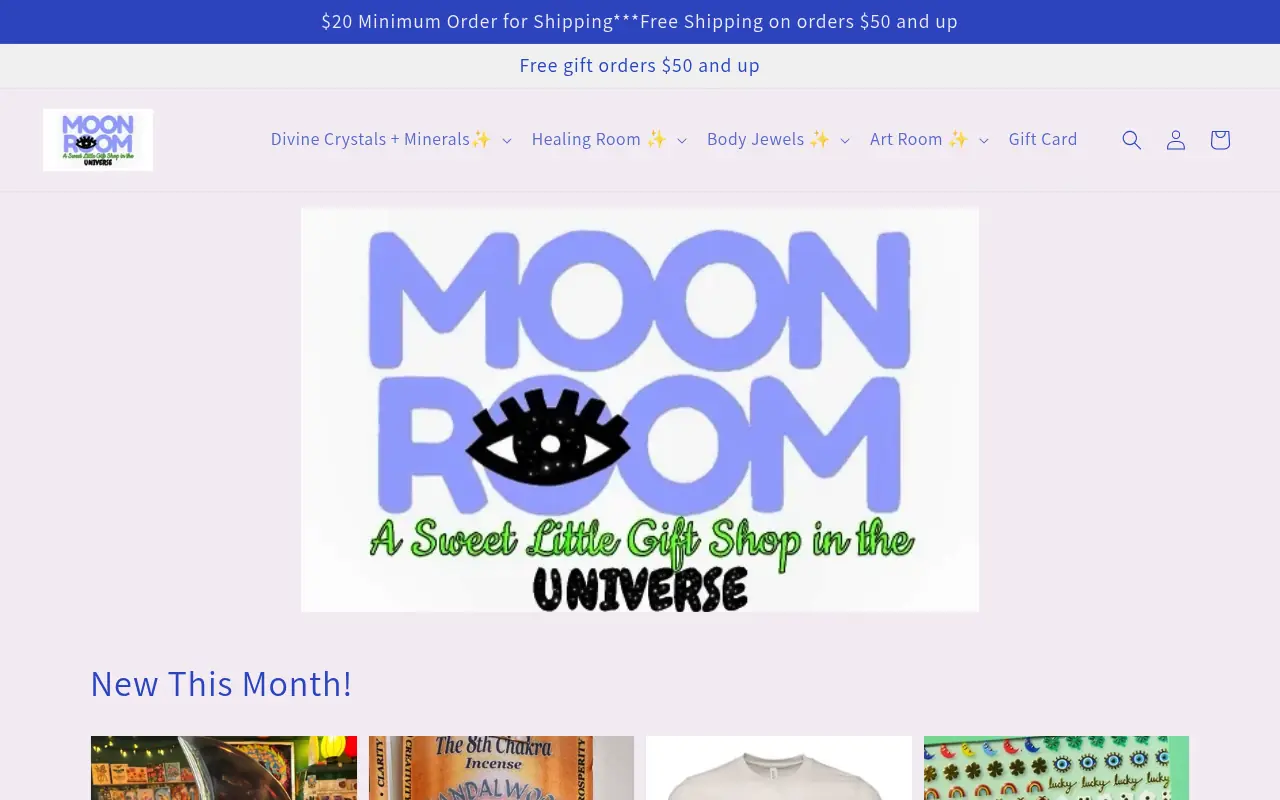 Moon Room homepage, a small gift shop selling crystals, incense and jewelry