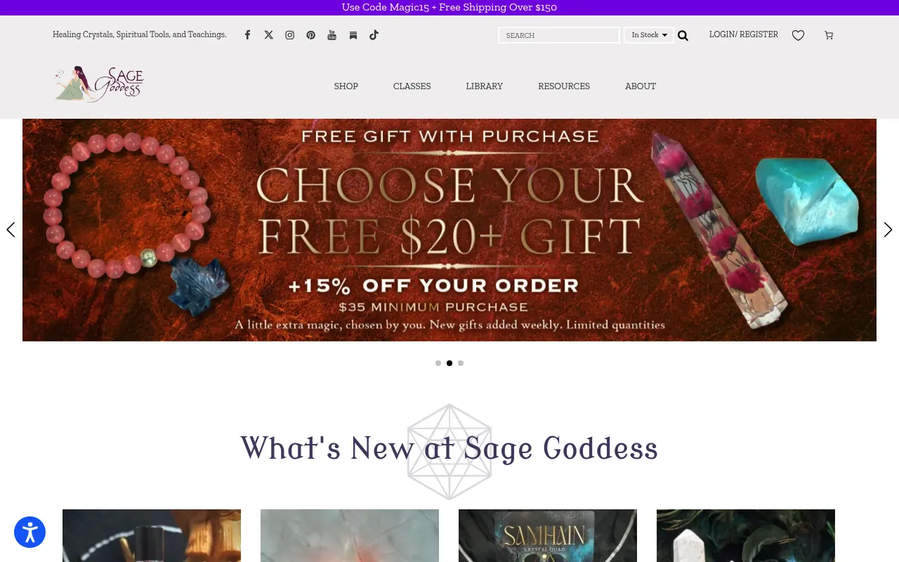 Sage Goddess homepage with a free gift promotion and crystal jewelry