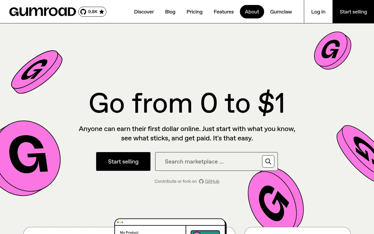 Gumroad homepage with the headline Go from 0 to $1 and a Start selling button