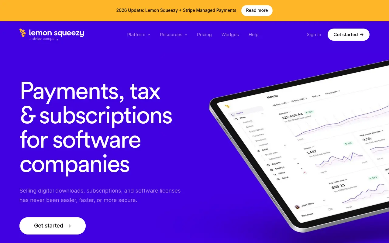 Lemon Squeezy homepage, a payments, tax and subscriptions platform for software and digital products
