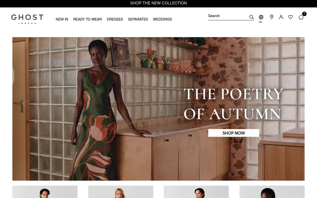 Ghost London homepage with a seasonal campaign and navigation for dresses, separates and weddings