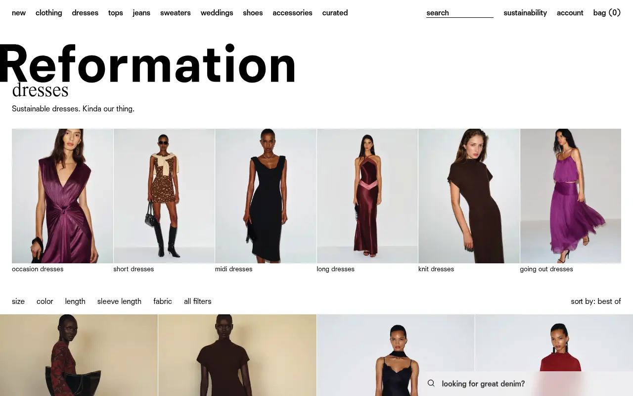 Reformation dresses page with categories for occasion, short, midi, long, knit and going out dresses