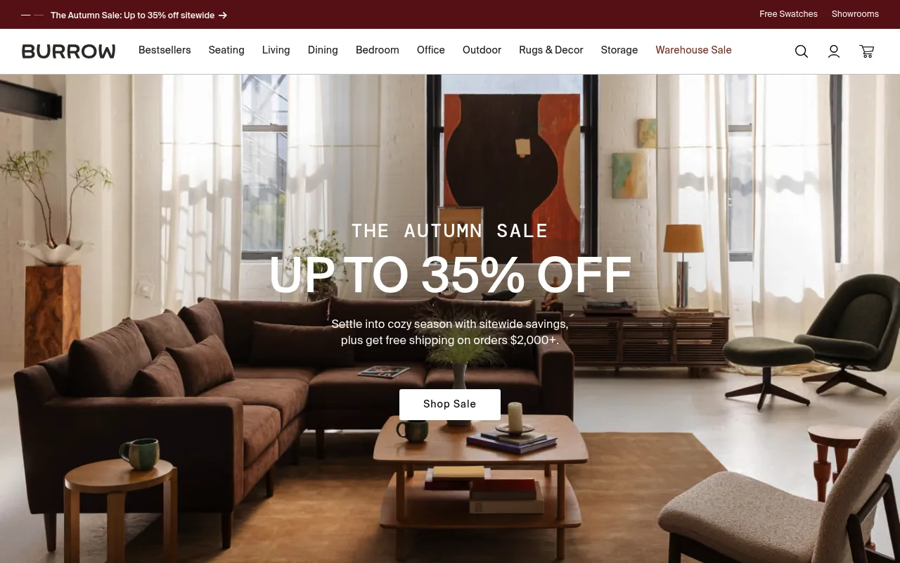Burrow homepage showing a modular sofa and sitewide sale banner