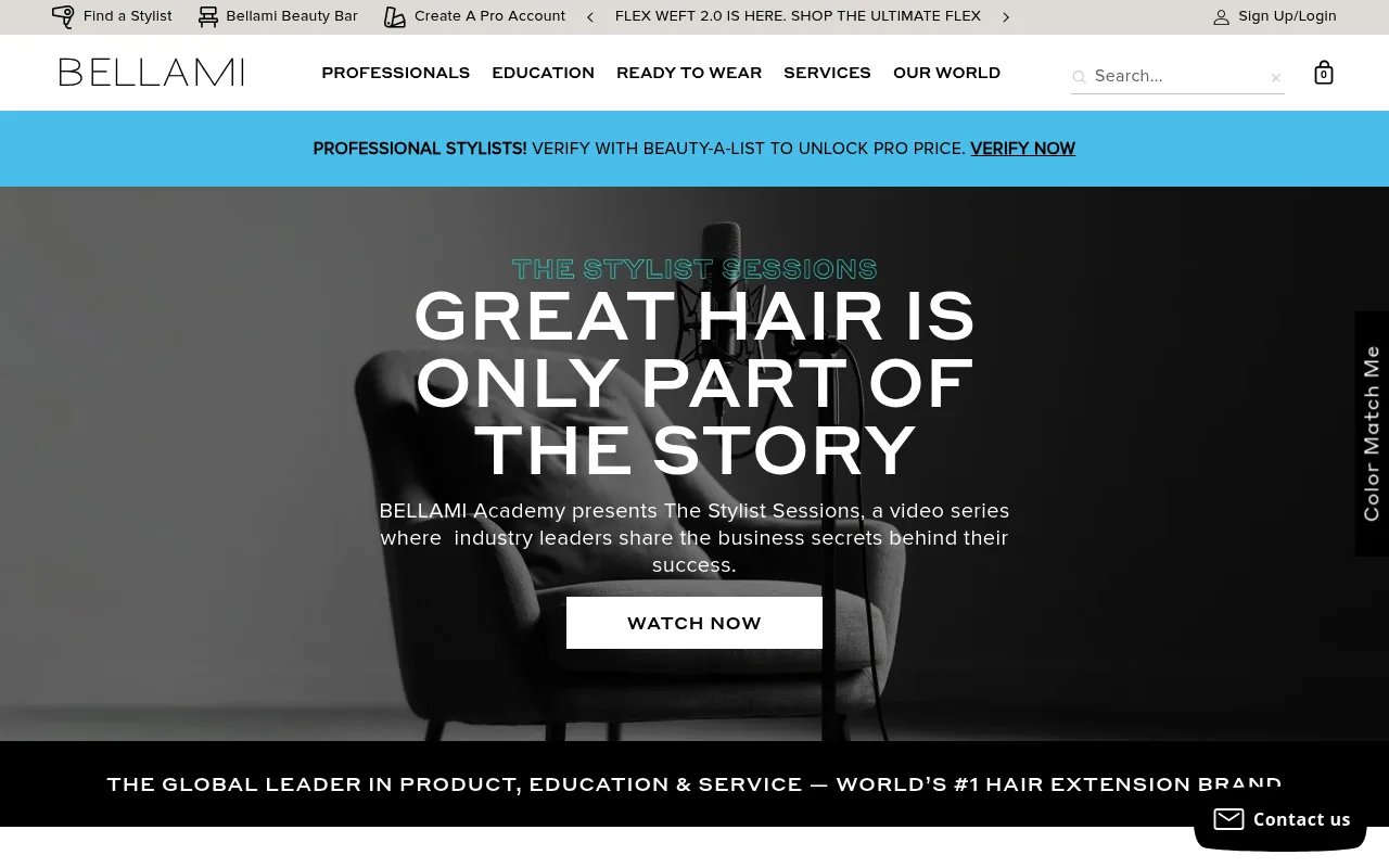 Bellami homepage with stylist education and professional account messaging