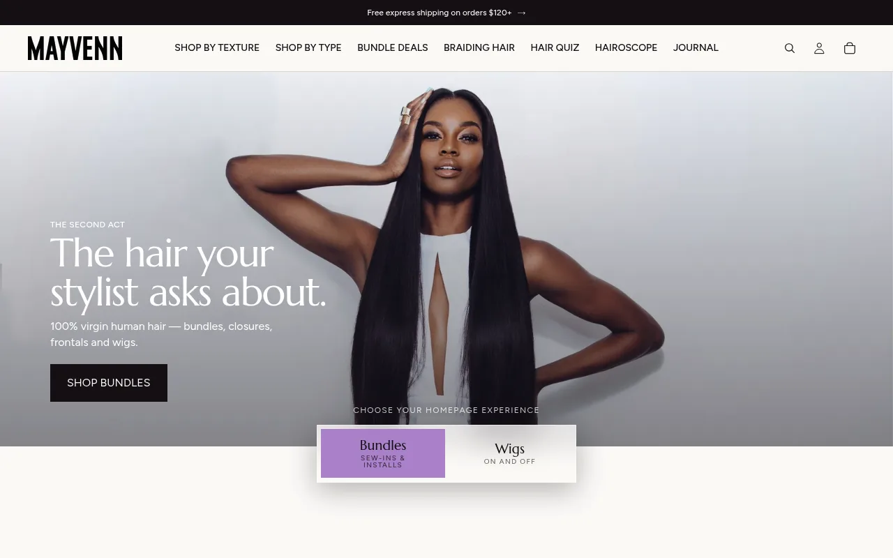 Mayvenn homepage offering virgin human hair bundles, closures and wigs