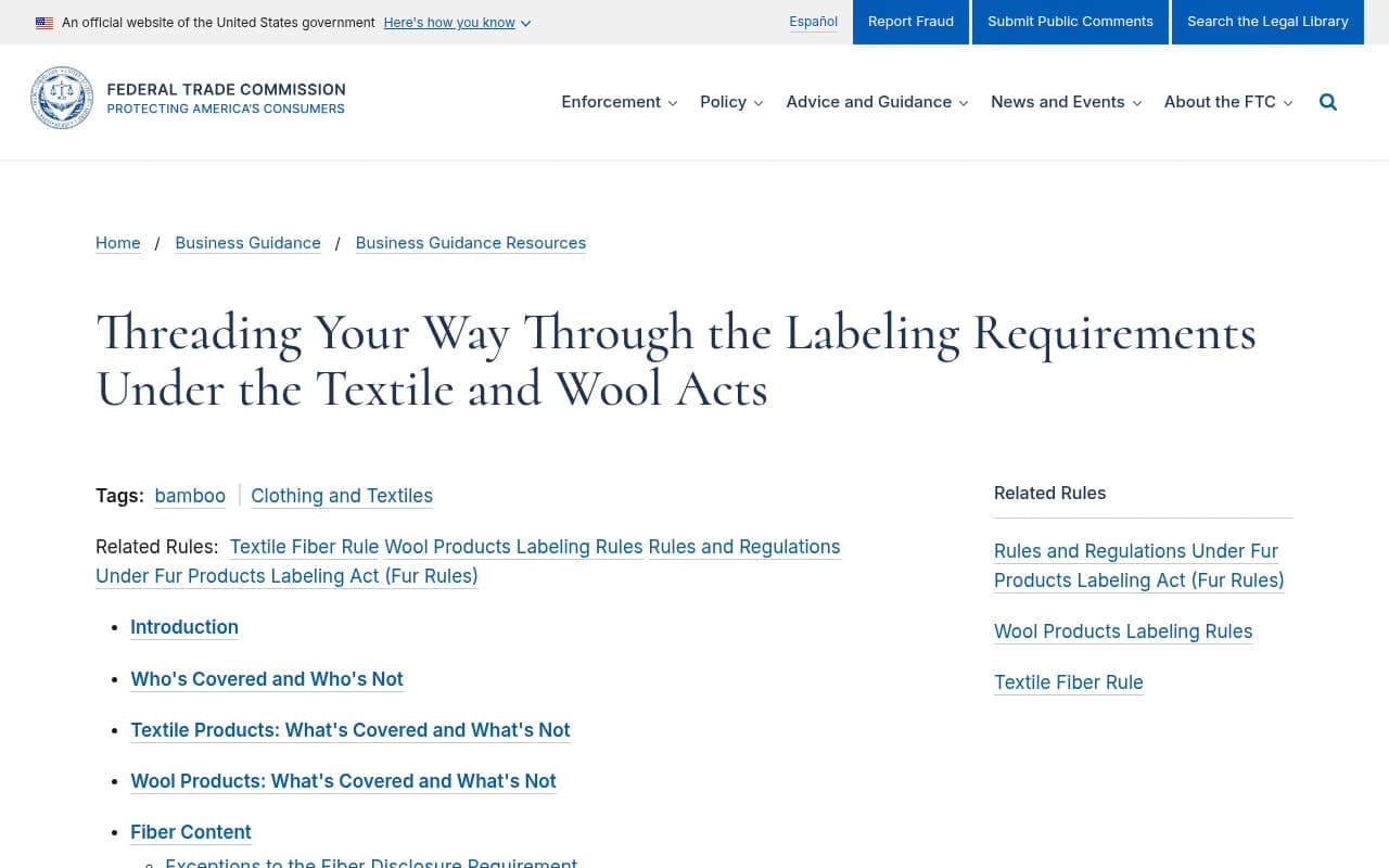 The FTC's guide to labeling requirements under the Textile and Wool Acts, noting that headwear is not covered by the Textile Act