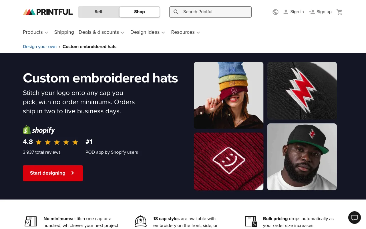 Printful's custom embroidered hats page, advertising no order minimums and a range of cap styles