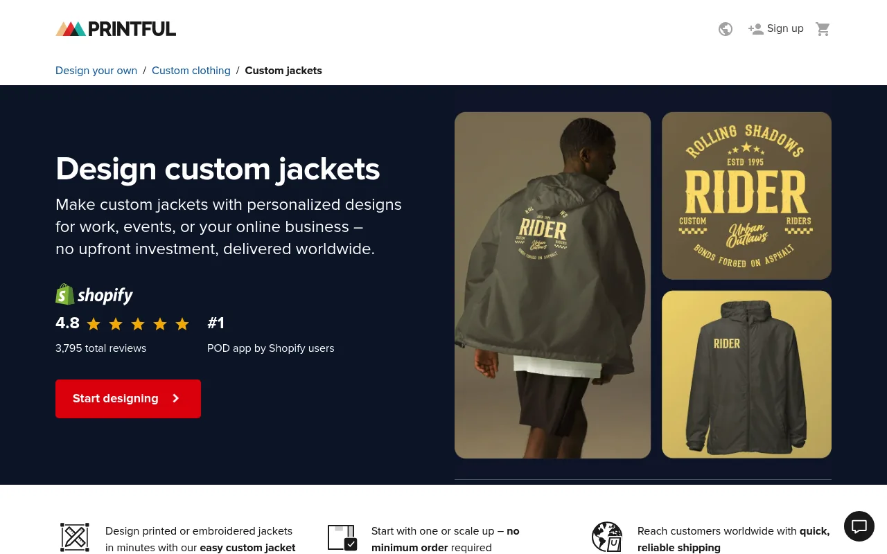 The Printful custom jackets product page, showing bomber and fleece styles with no minimum order quantity