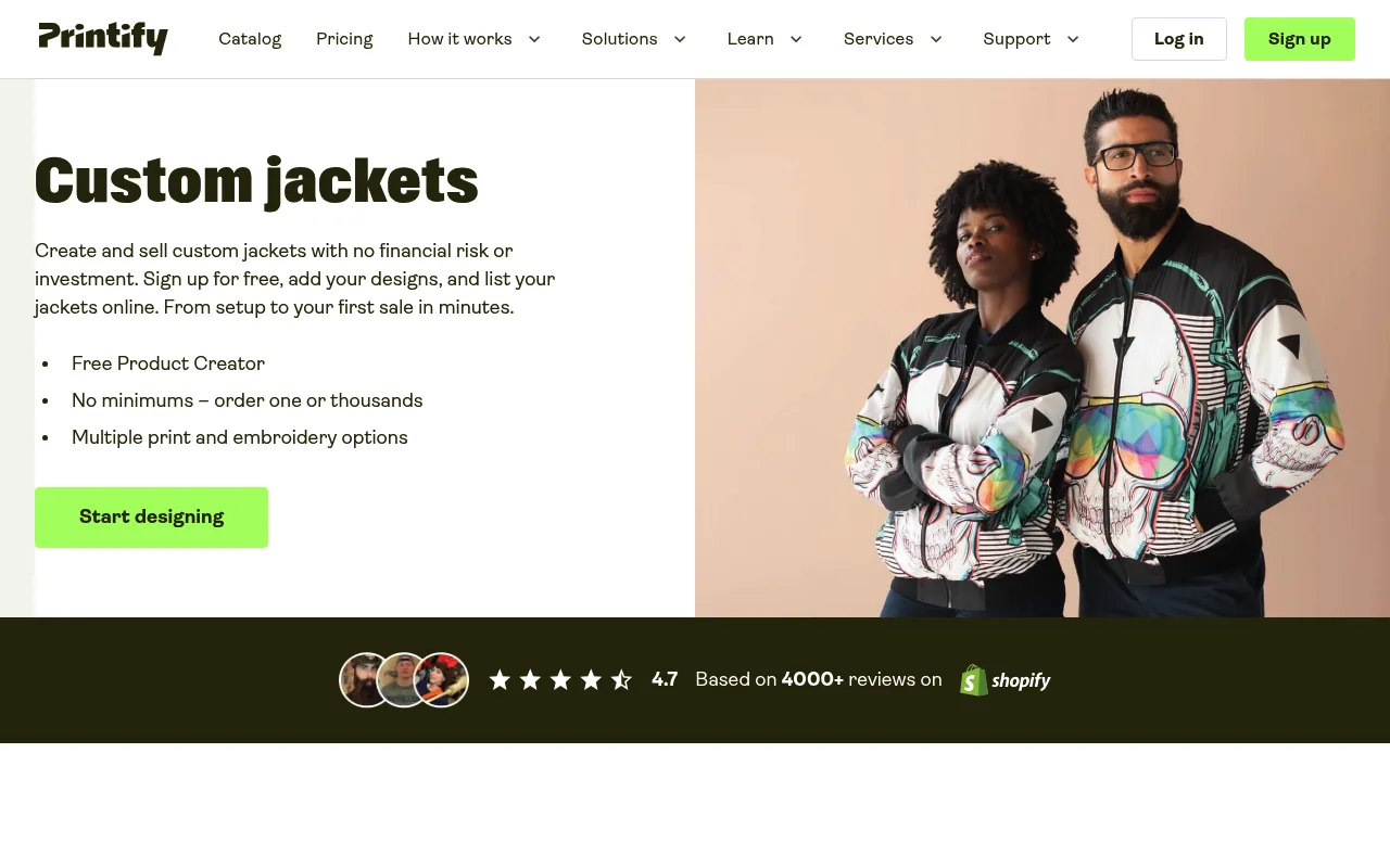 The Printify custom jackets catalog, showing puffer and bomber styles starting from $22