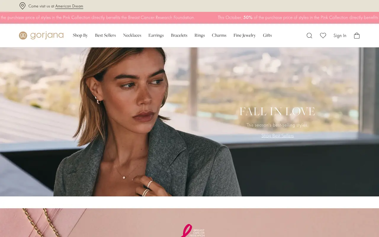 gorjana homepage, a layered jewelry brand with a lifestyle hero and a navigation by necklaces, earrings, bracelets and rings