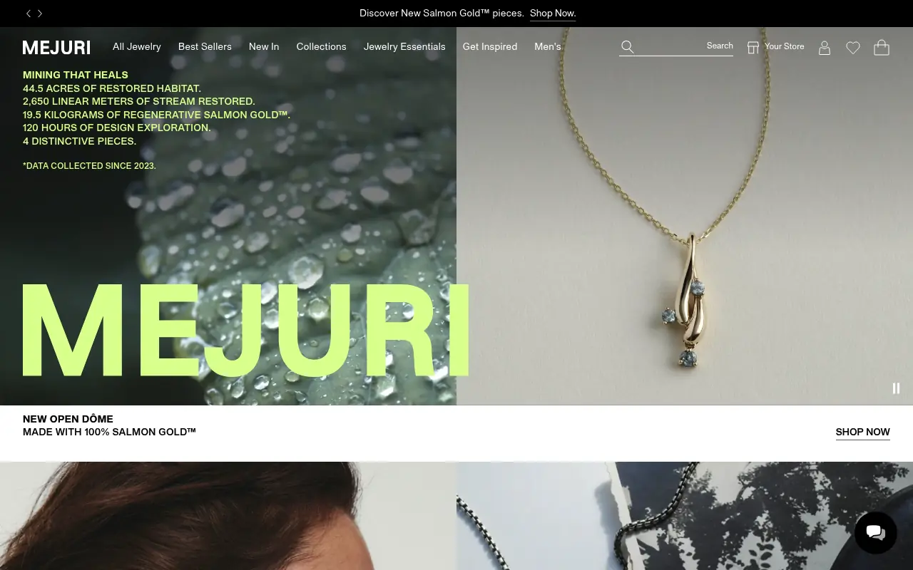 Mejuri homepage, a fine jewelry brand with a gold necklace and a bold brand wordmark